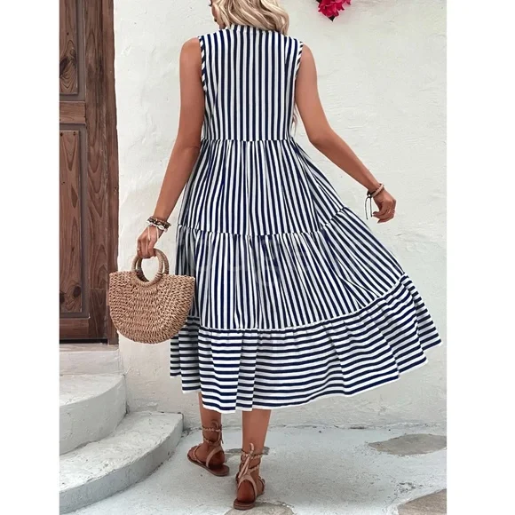 Striped Blue White V-Neck Midi Dress Sleeveless Flared Ruffle Hem A-line - Picture 3 of 8